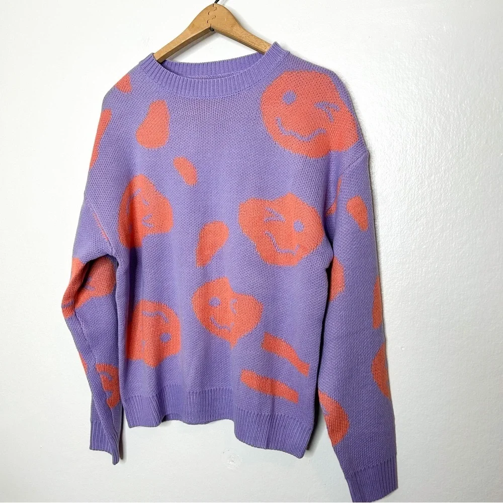 SHEIN Smiley Face‎ Emoji Pastel Purple Knit Crew Neck Sweater Medium M